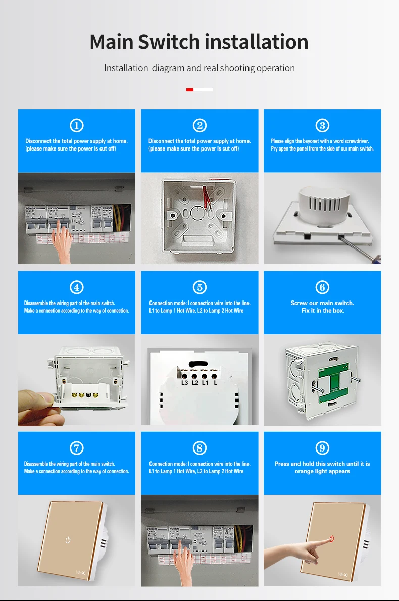 UBARO EU/UK Standard Crystal Tempered Glass Wall Panel Light Touch Switch Led Indicator Sensor Electrical Button 1/2/3Gang 220V