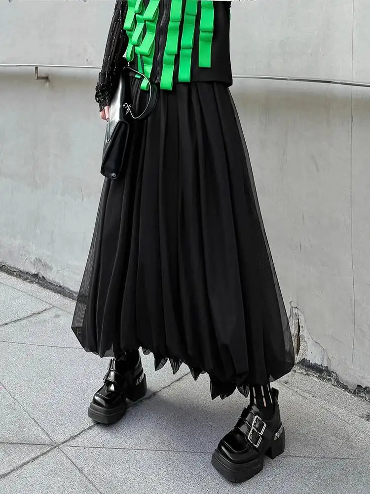 

High Elastic Waist Black Mesh Pleated Elegant A-line Half-body Skirt Women Fashion Tide New Spring Autumn