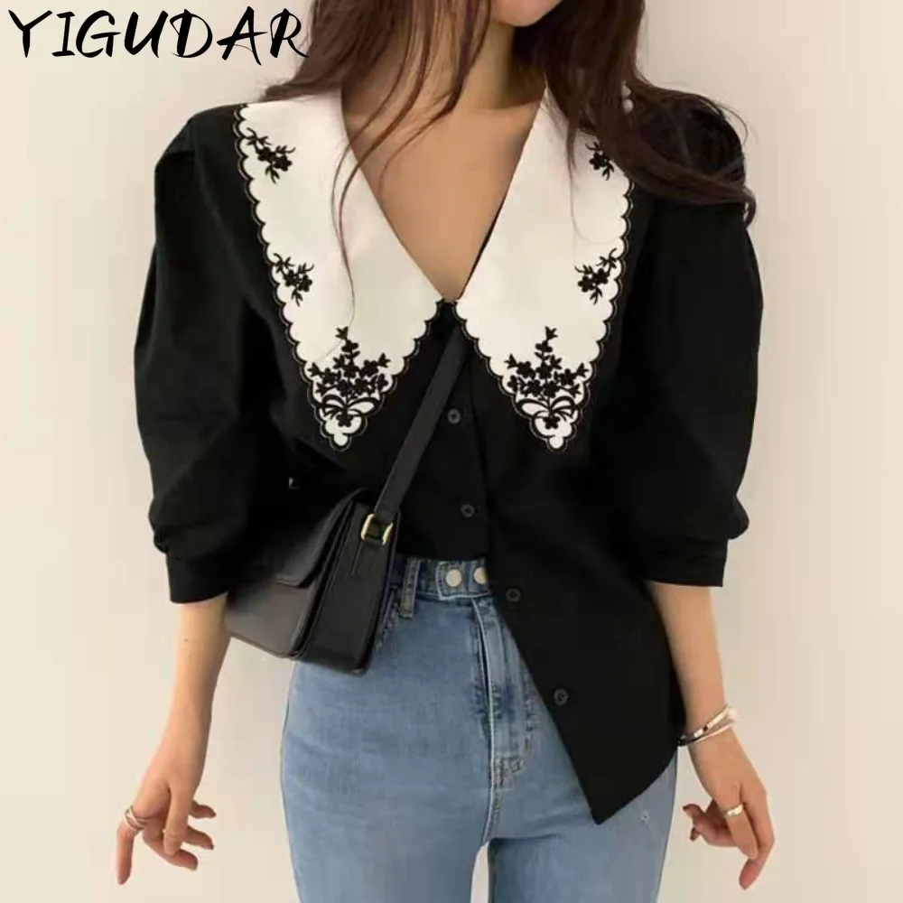 

Spring and summer Vintage Sense of design Blouses Women Shirts Korean Elegant Puff Long Sleeve Slim Casual Crop Tops New