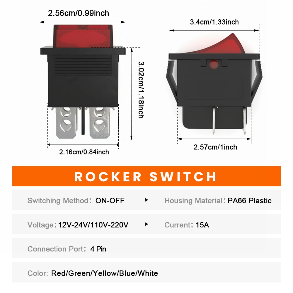 FILN LED Rocker Switch ON-OFF Waterproof Toggle Switches 15A 12V-24V 110V-220V for Car Boat Compact Industrial Equipment Control