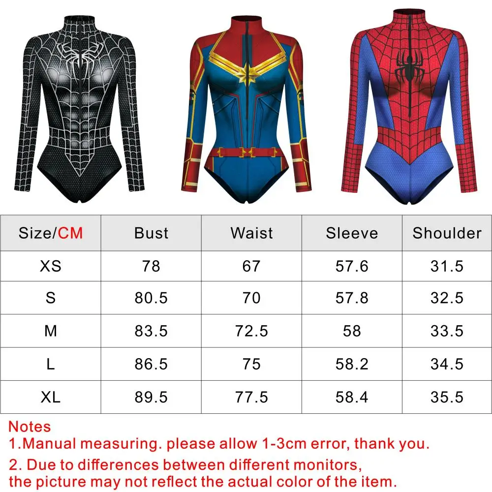 Superhero Bodysuit for Women Men Spiderman Captain Cosplay 3D Print Long Sleeve Swimsuit Adult Halloween Carnival Costume