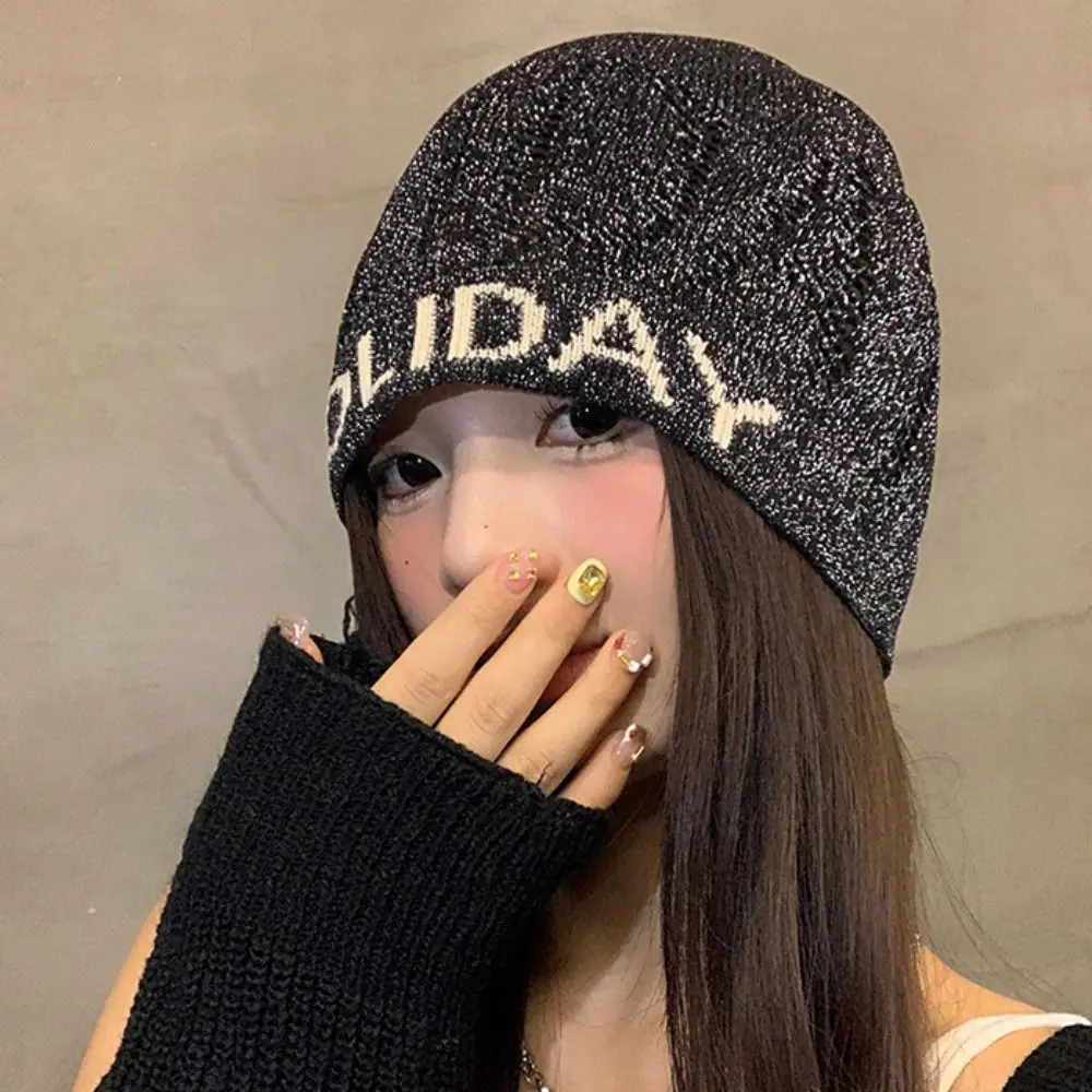 

Warm Vintage Sequin Knitted Hat Hollow Cool Letter Beanie Hat Mixed Color Thin Woven Cap Spicy Girls