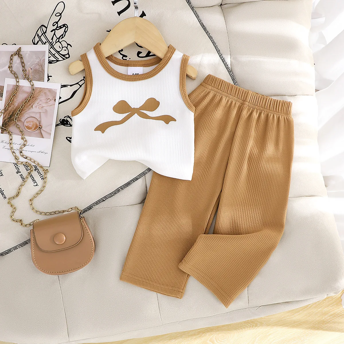 2026 Summer Girls Bow Ribbed Sleeveless Vest & Wide Leg Pants 2PCS Casual Outfit For Toddler Kids for 6M-3Y