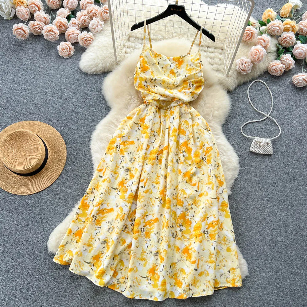 YuooMuoo Romantic Floral Print Long Dress Vintage Rose Print High Waist Spaghetti Strap Summer Dress Lady Beach Sundress