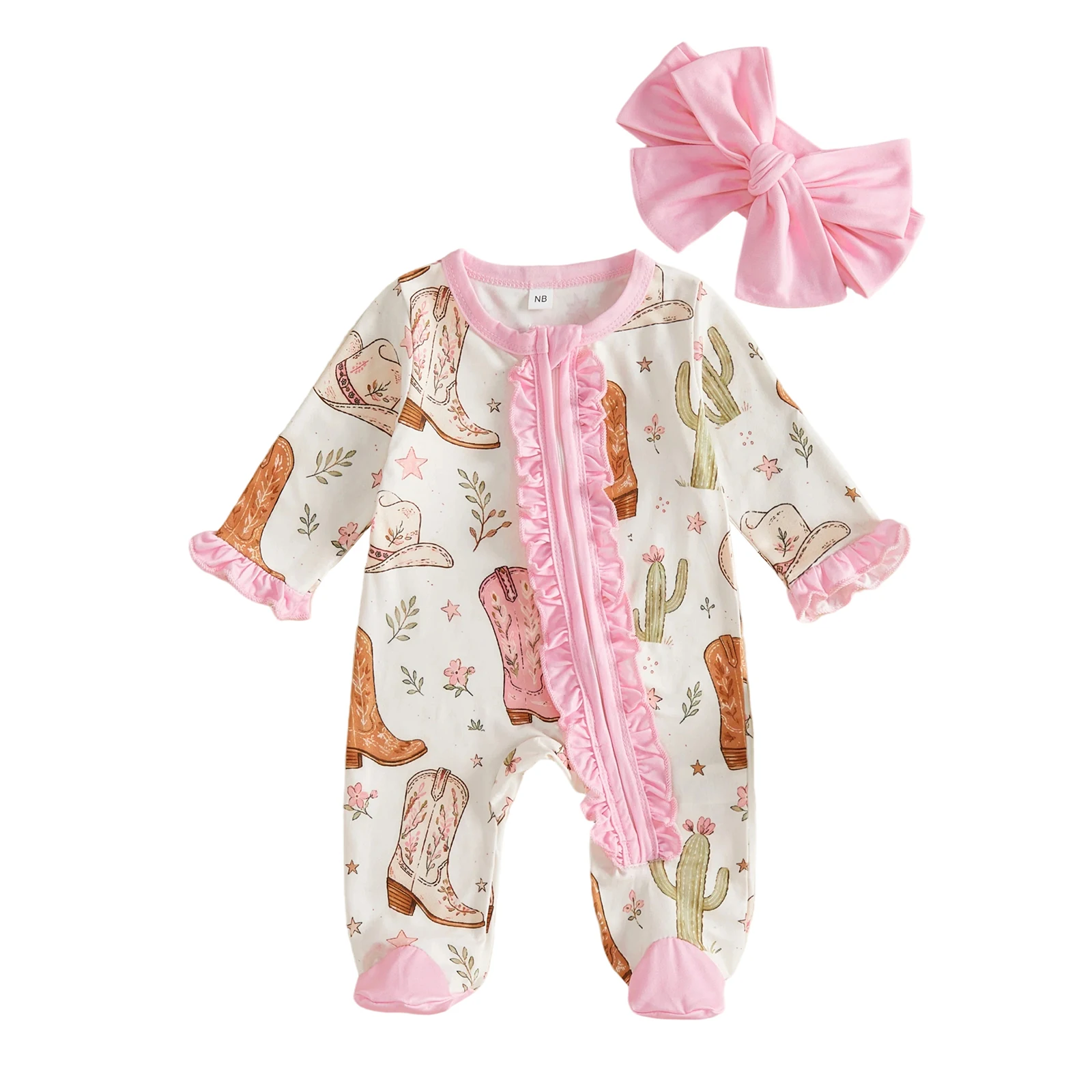 Baby Girl Zip Up Romper Long Sleeve Cactus Footed Bodysuit with Headband