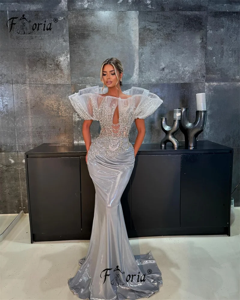 Silver Crystal Beading Evening Dresses Stand-up Ruffled Neckline Glossy Fabric Mermaid Prom Dress Robe De Soiree Custom Made