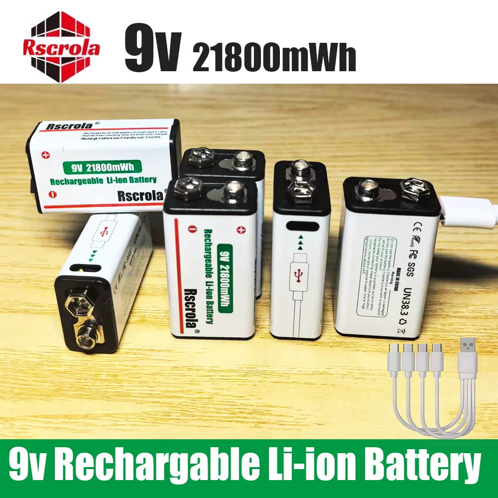 

USB-C Rechargable 9V Lithium ion Battery 21800mWh High Capacity for Guitar Microphone Smoke Detector Pedal with Cable