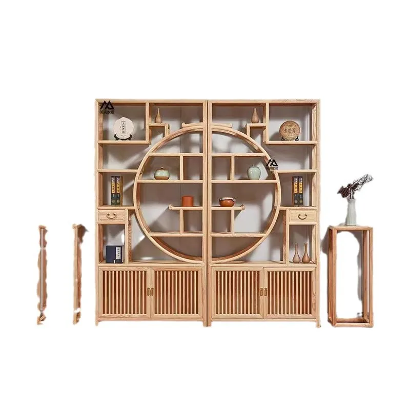 #Pavilion Tea Display Bookcase New Chinese Ash Wood Frame Solid Wood Display Door Partition