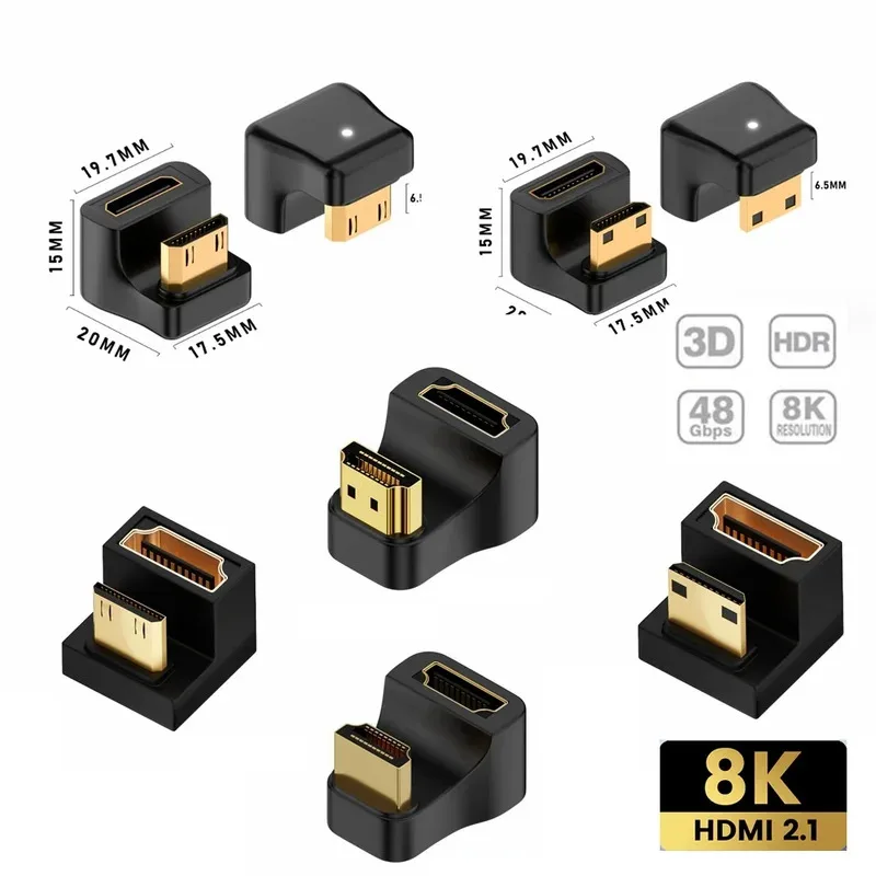 

360 Degree Angled U-shaped L Converter Mini HDMI Male to HDMI-compatible 2.1V Female Extension 4K 5K 3D UHD 8K 60Hz Adapter