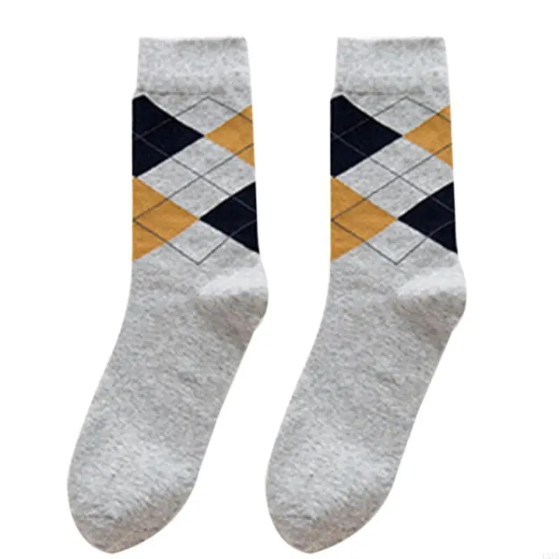 LXAD Men Autumn Cotton Socks Vintage Argyle Plaid Patterned Print Breathable Formal Business Casual Tube Hosiery