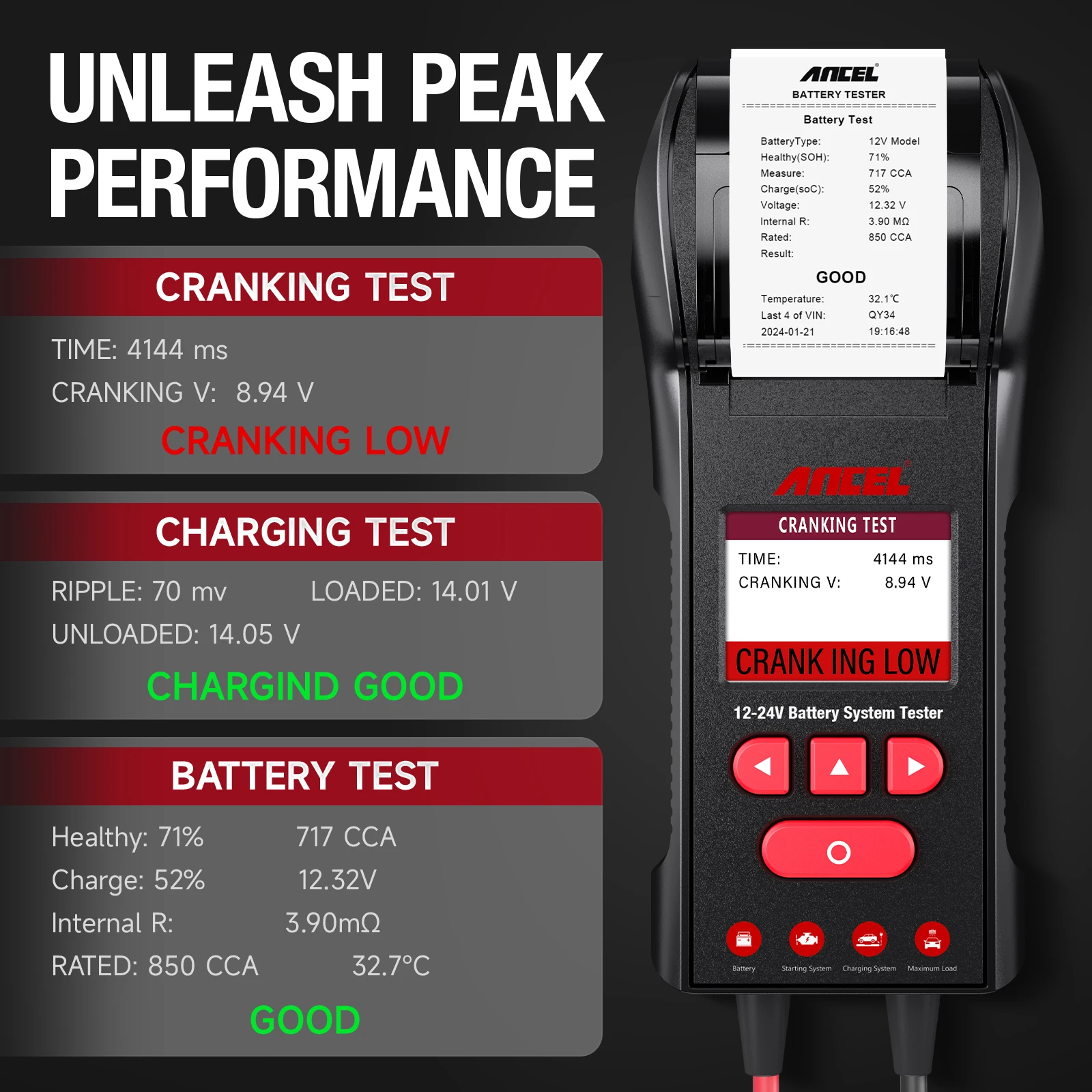 ANCEL BST600 Battery Tester 12V/24V 100-2000CCA Auto Battery Temperature Load Tester Cranking Charging System Analyzer