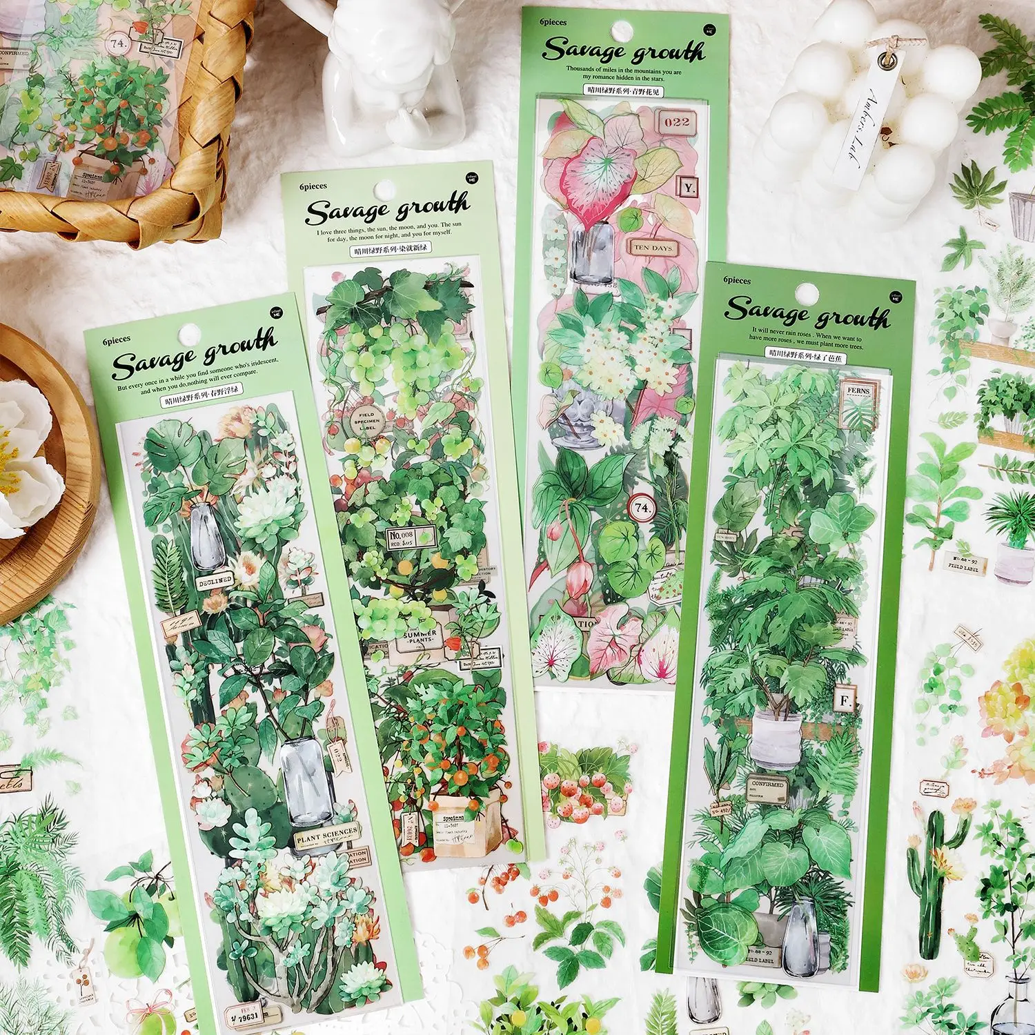 6Pcs Green Plant Fruit Decorative Pet Stickers Vintage Handbook Scrapbooking Label Diary Stationery Album Phone Journal Planner