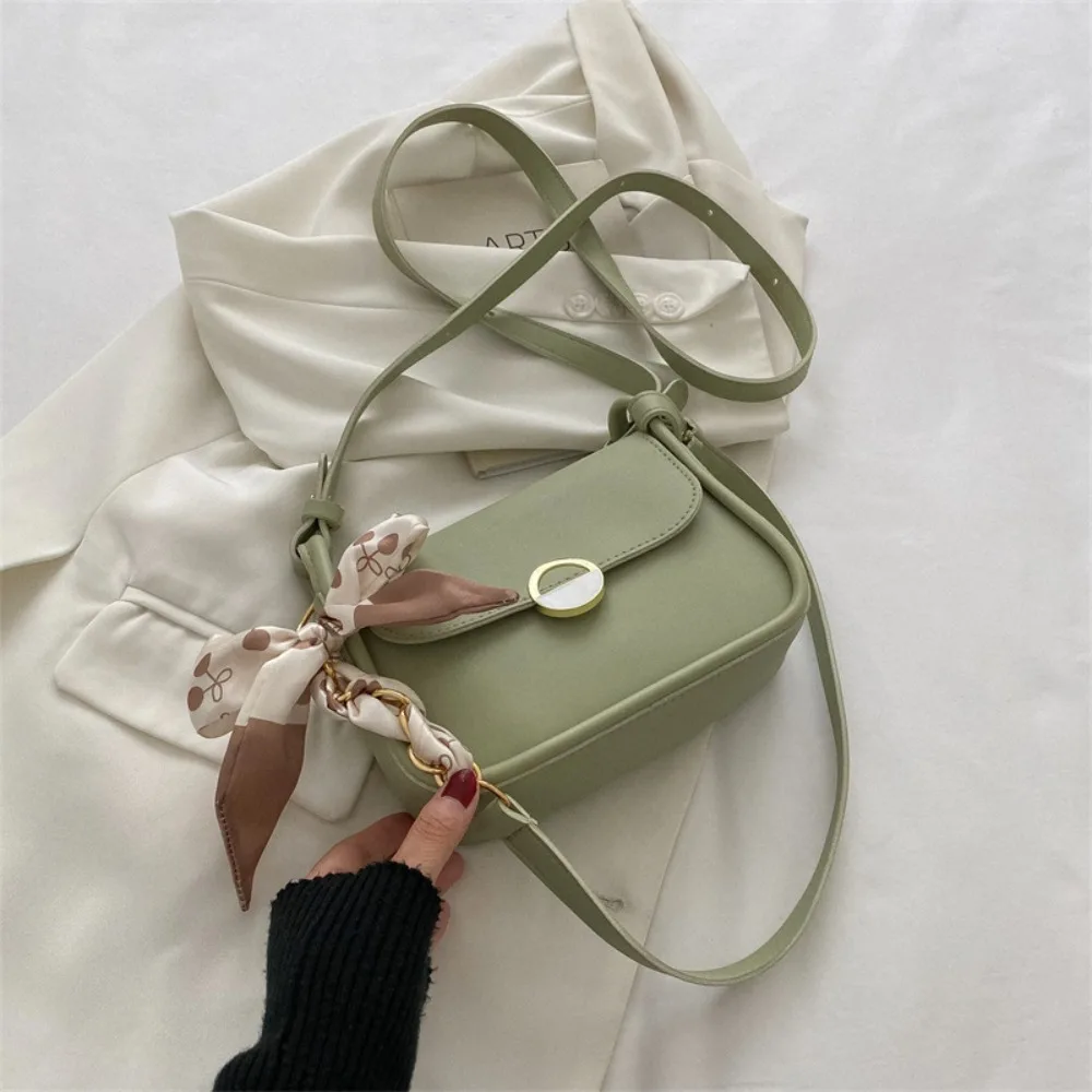 Cute PU Leather Shoulder Bag with Ribbon Carrying Small Square Bag Korean Style Minimalist Chain Crossbody Bag Female Lady Girl