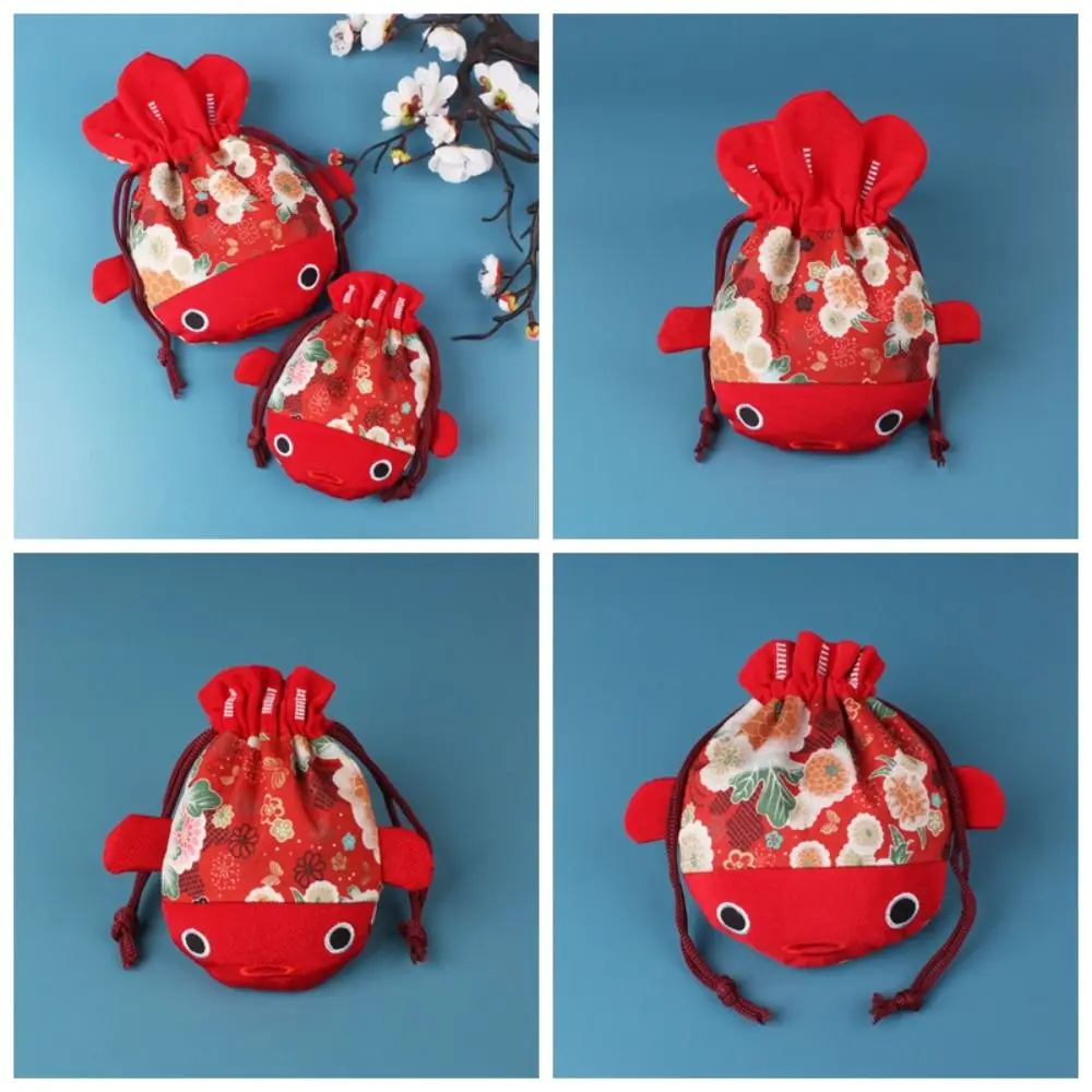 

Cartoon Animal Canvas Flower Drawstring Bag Red Color Bag Large Capacity Gold Fish Shape Handbag Wrist Bag Coin Purse