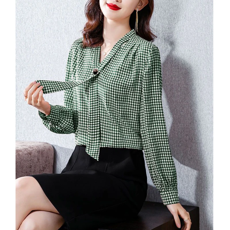 Houndstooth Print Elegant Chic Bow Tie Office Lady Shirts Spring Autumn Fashion V-neck Long Sleeve Loose Top Blouse Women Blusas