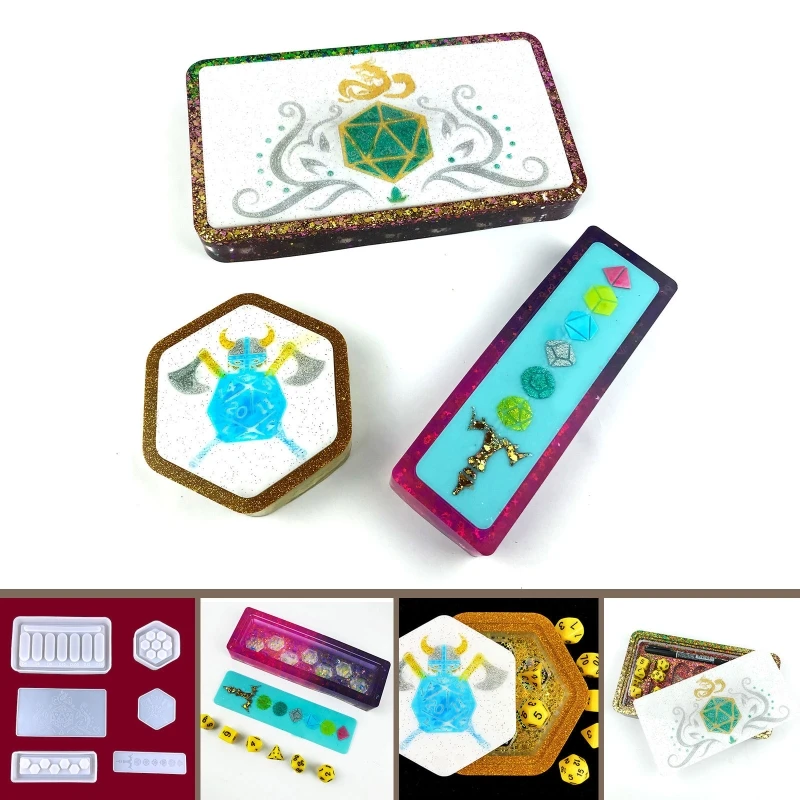 Dice Storage Box Epoxy Resin Mold Rectangular Hexagon Container Silicone Mould DIY Craft Casting Tools