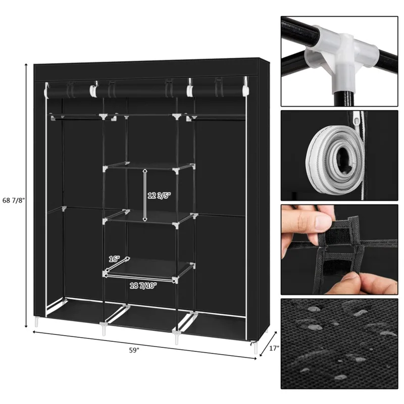 

69" Portable Clothes Closet Non-Woven Fabric Wardrobe Double Rod Storage Organizer Black