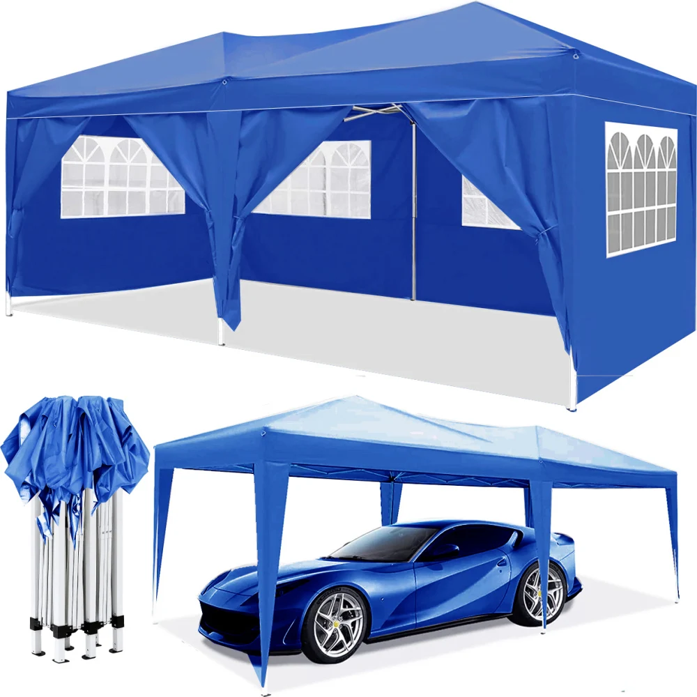 10ft X 20ft Blue Pop-Up Portable Folding Party Tent with 6 Removable Sidewalls, Storage Bags, and 4 Weight Bags for Easy Packing