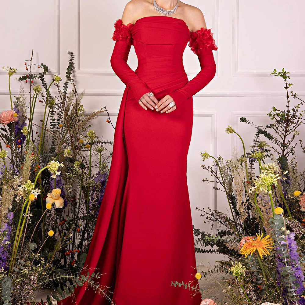 

Fashion Flowers Off the Shoulder Jersey Evening Dresses Temperament Straight Floor Length Strapless Long Sleeves فساتين سهرة