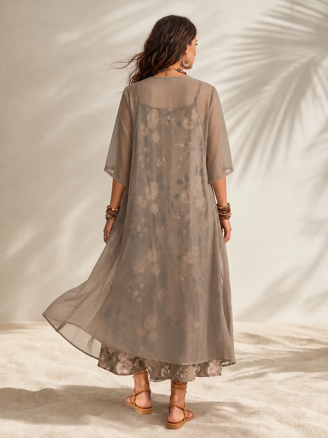 Frühlings- und Sommerkleid für Damen in Übergröße, elegant, im ländlichen Stil, mit Blumenmuster, Camisole-Kleid mit V-Ausschnitt, Dreiviertelärmeln und halbtransparenter Sonnenschutz-Strickjacke, langes zweiteiliges S – Detail 3