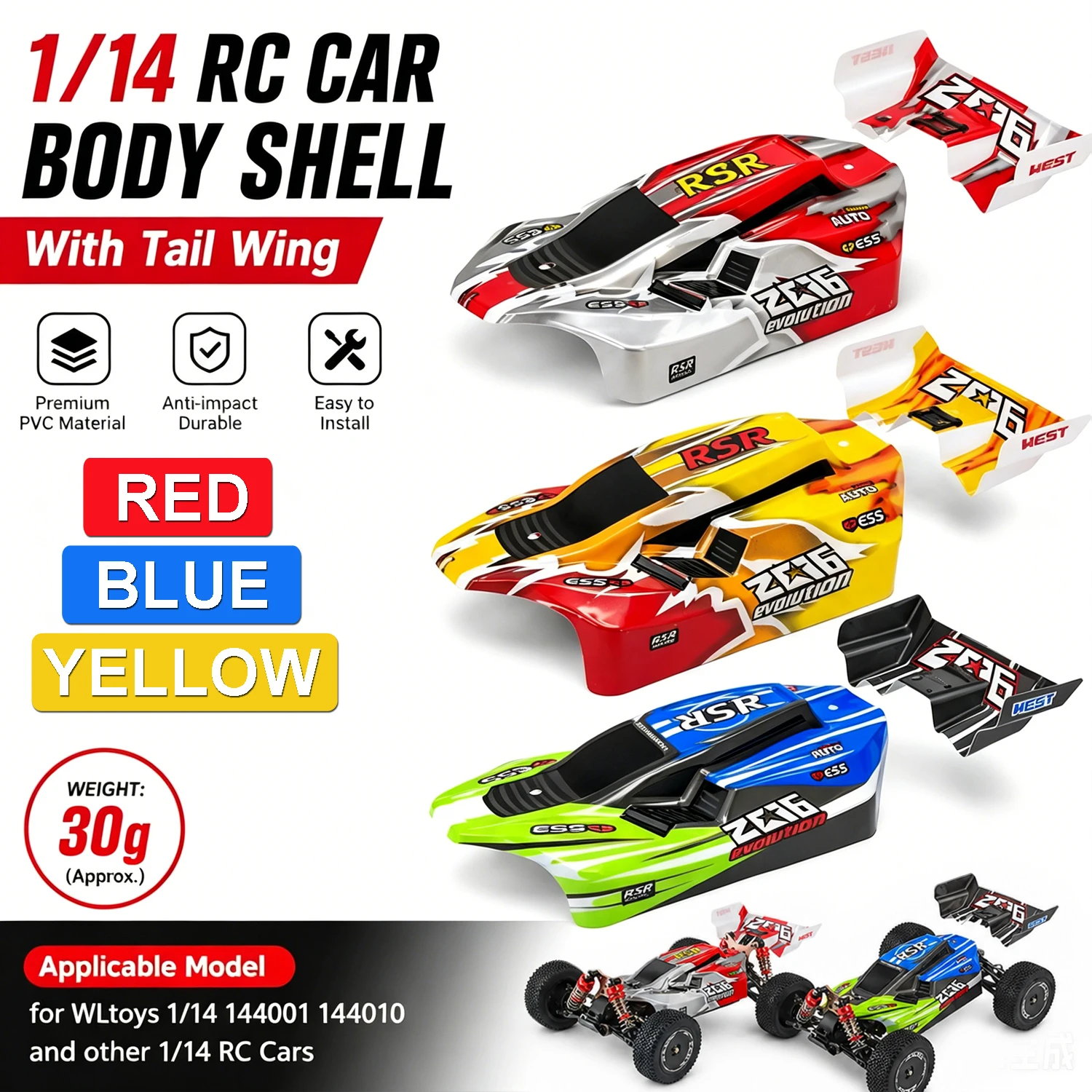 1/14 WLtoys 144001 144010 RC Car Body Shell with Tail Wing Kit High-toughness PVC for Remote Control Car Upgrade Accessories