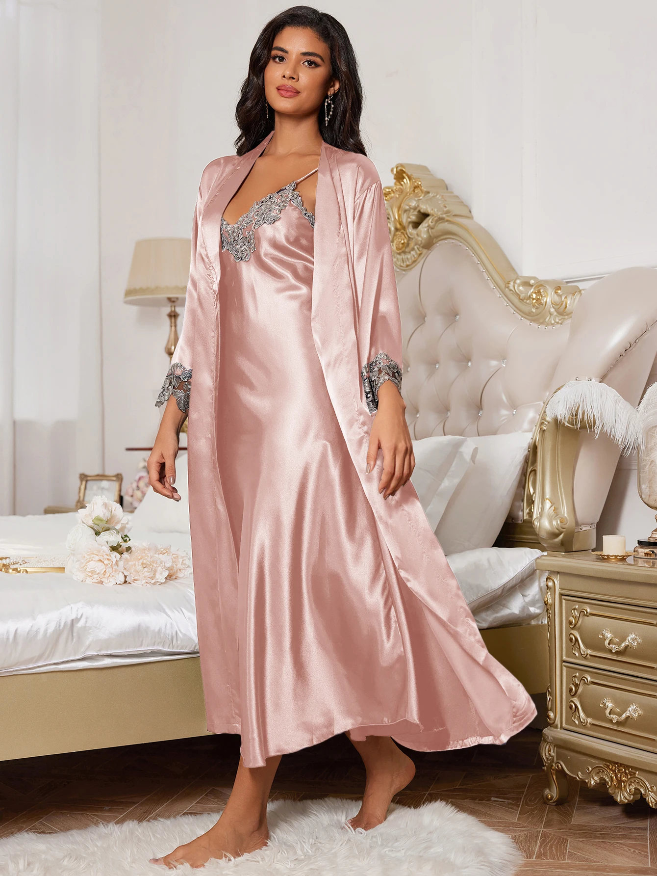 ประณีตสีทึบ Lacy Border ชุดนอนเซ็กซี่ Nightdress หรูหรา Nightgown Casual หลวมสุภาพสตรีชุดนอน