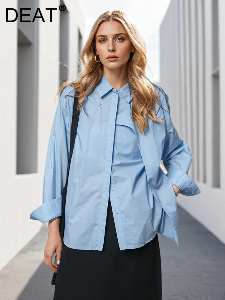 

DEAT Fashion Women's Shirt Lapel Loose Covered Button Long Sleeve Solid Color Deconstruction Blouse Autumn 2024 New Tide 7AB4811