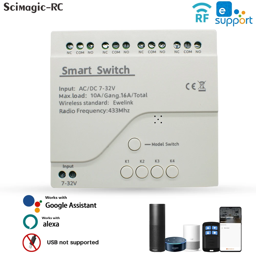 

eWeLink Smart Remote Control Wifi Switch Module 4CH DC 12V 24V 32V 110V 220V Inching Self-locking RF433 Receive 4 Way Relay