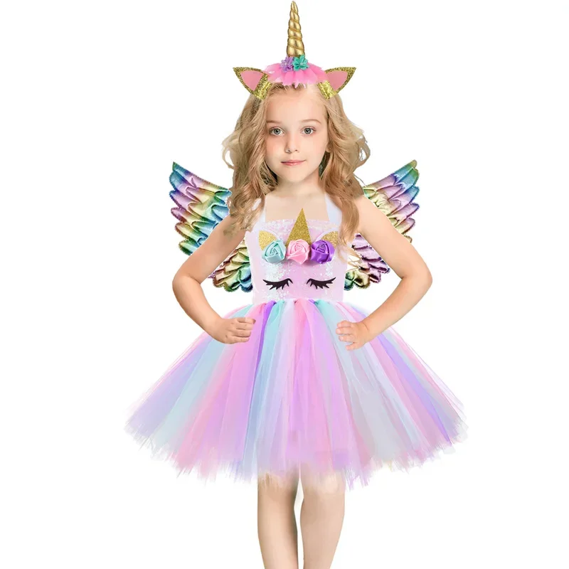 Children Cosplay Costume Unicorn Birthday Party Gift Tutu Evening Dress for Girls Sequin Cake Clothing Kids Pink Dresses