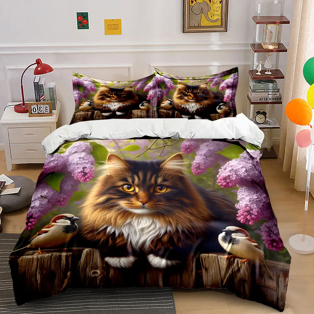 

Cat and Sparrows with Lilacs Printed Duvet Cover Set 1 Duvet Cover+2 Pillowcase Multi Size Bedroom Bedding Decor Luxury Gift