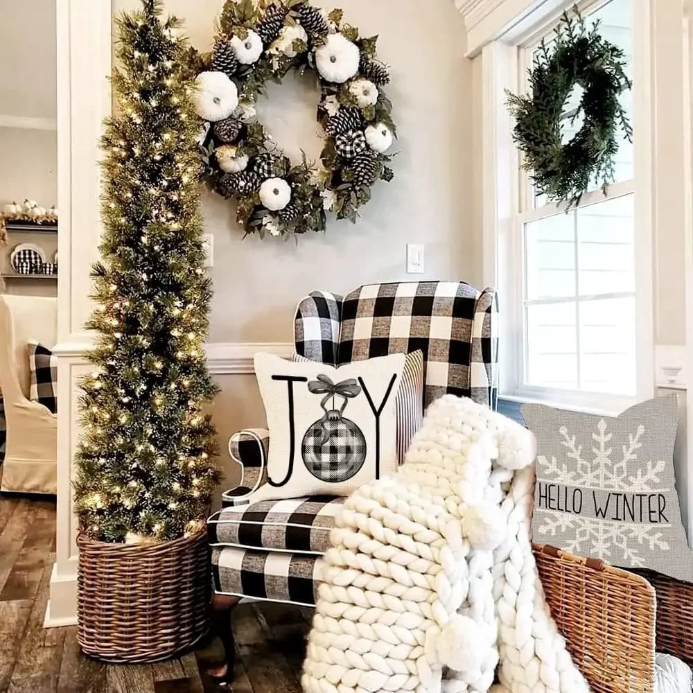 Christmas Pillow Covers Buffalo Plaid Christmas Tree Joy Snow  Winter Holiday Cushion Cover Farmhouse Decor for Couch Gray