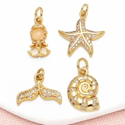 OCESRIO Fashion White Crystal Fishstar Charms for Bracelet Copper Gold Plated Whale Tail Conch Jewelry Making Supplies chma306