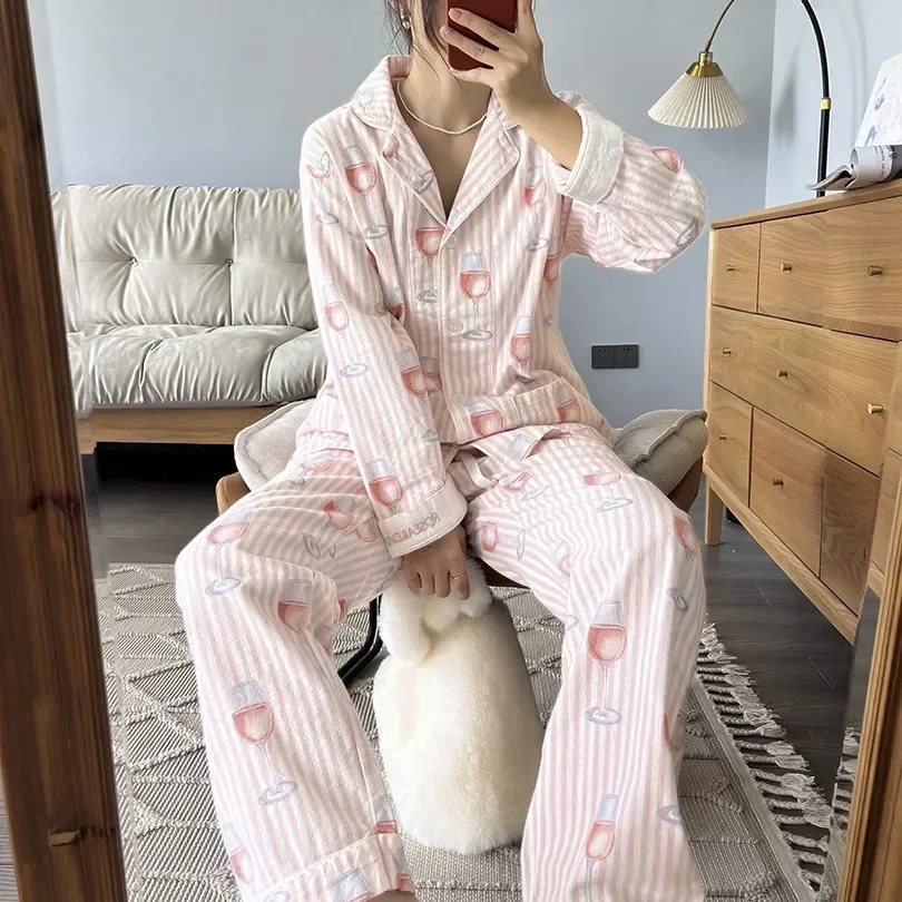 100% Cotton Loungewear Women Set 2 Piece Cartoon Button Down Long Sleeve Sleepwear Soft PJ Home Sets Pijamas Women Outfits 2024