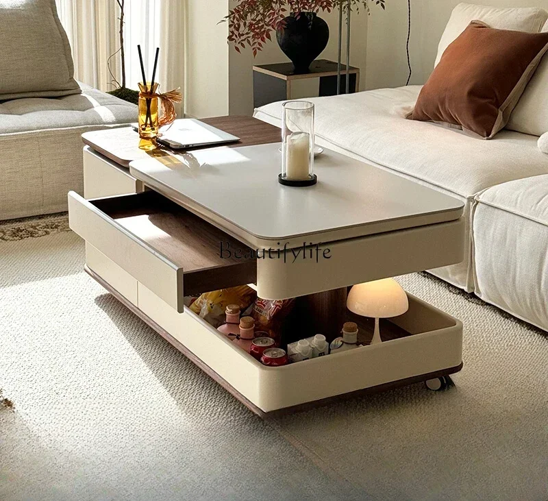 

01 -*Living room household small apartment light luxury coffee table movable lifting rock slab multi-functional table