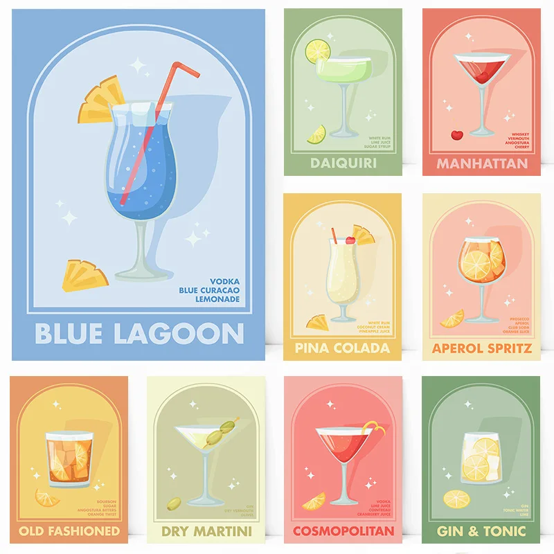 Blue Lagoon Manhattan Daiquiri Martini Pina Colada Cocktail Bar Poster Print Wall Art Pictures Canvas Painting Room Home Decor