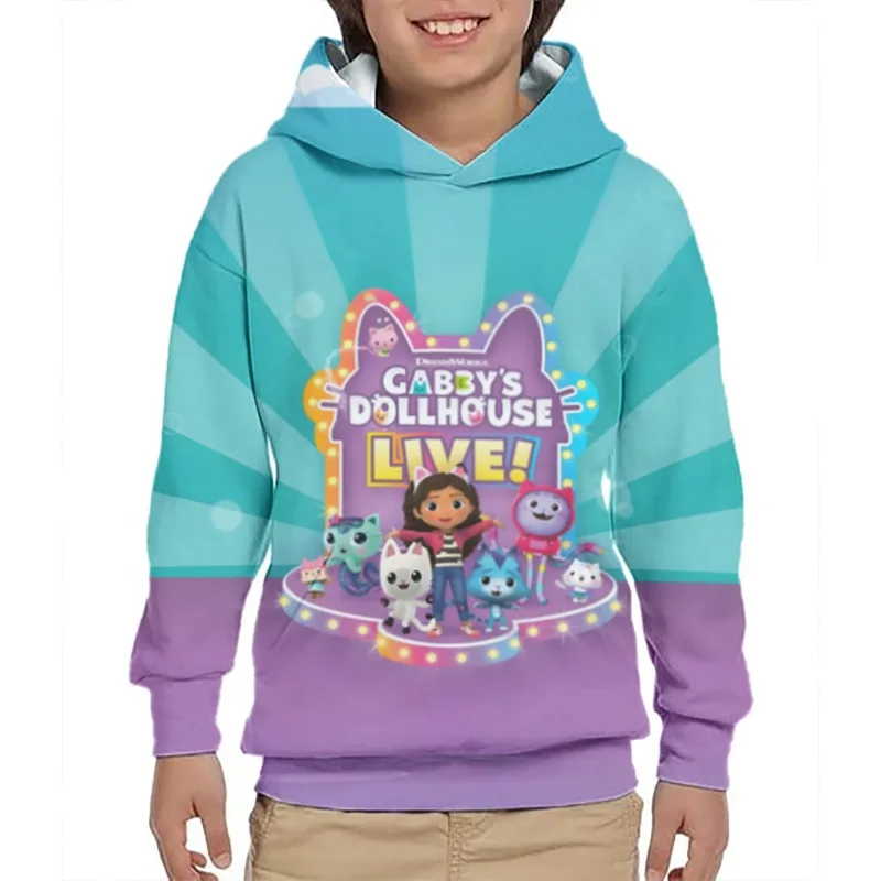 Gabby dollhouse crianças dos desenhos animados moletom com capuz 3d impresso de alta qualidade manga curta crewneck moletom para meninas bonito macio roupas infantis