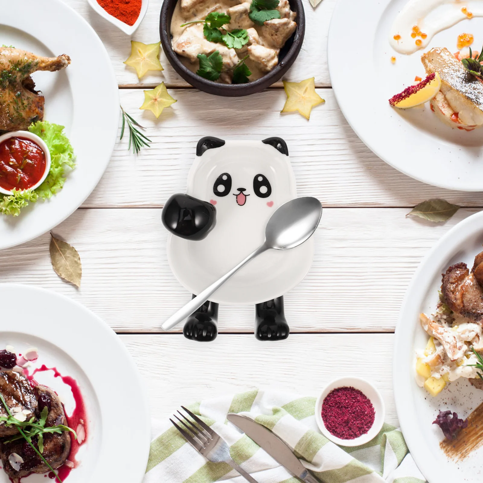 

Ceramic Dipping Sauce Plate Cartoon Panda Molding Dual-Use Chopstick Rest Spoon Fork Tableware Ideal for Sushi Condiments