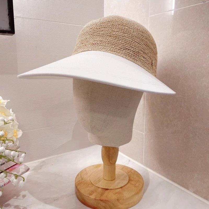 Women Raffia Straw Patchwork Wide Brim Sun Hat UV Protection Equestrian Style Visor Cap Summer Ponytail Baseball Hat