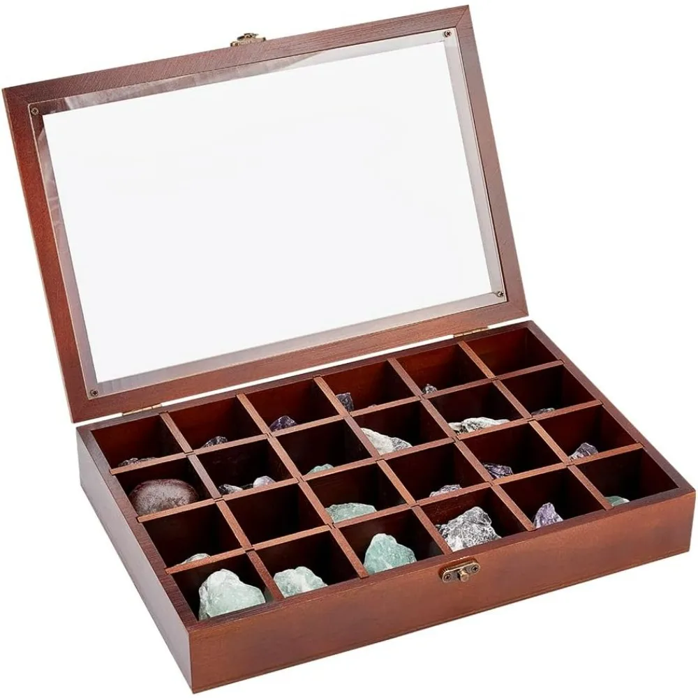 

Коричневый лоток для ювелирных изделий с 24 сетками, деревянная регулируемая витрина, прямоугольный органайзер, держатель с крышкой для набора коллекционных предметов из ракушек