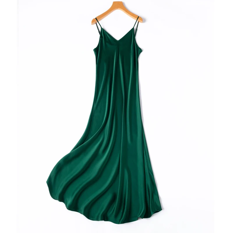 

21 Momme 100% Mulberry Real Silk Elegant Women V-neck Spaghetti Strap Dress Summer Satin Ladies Sleeveless Slim Long Party Dress