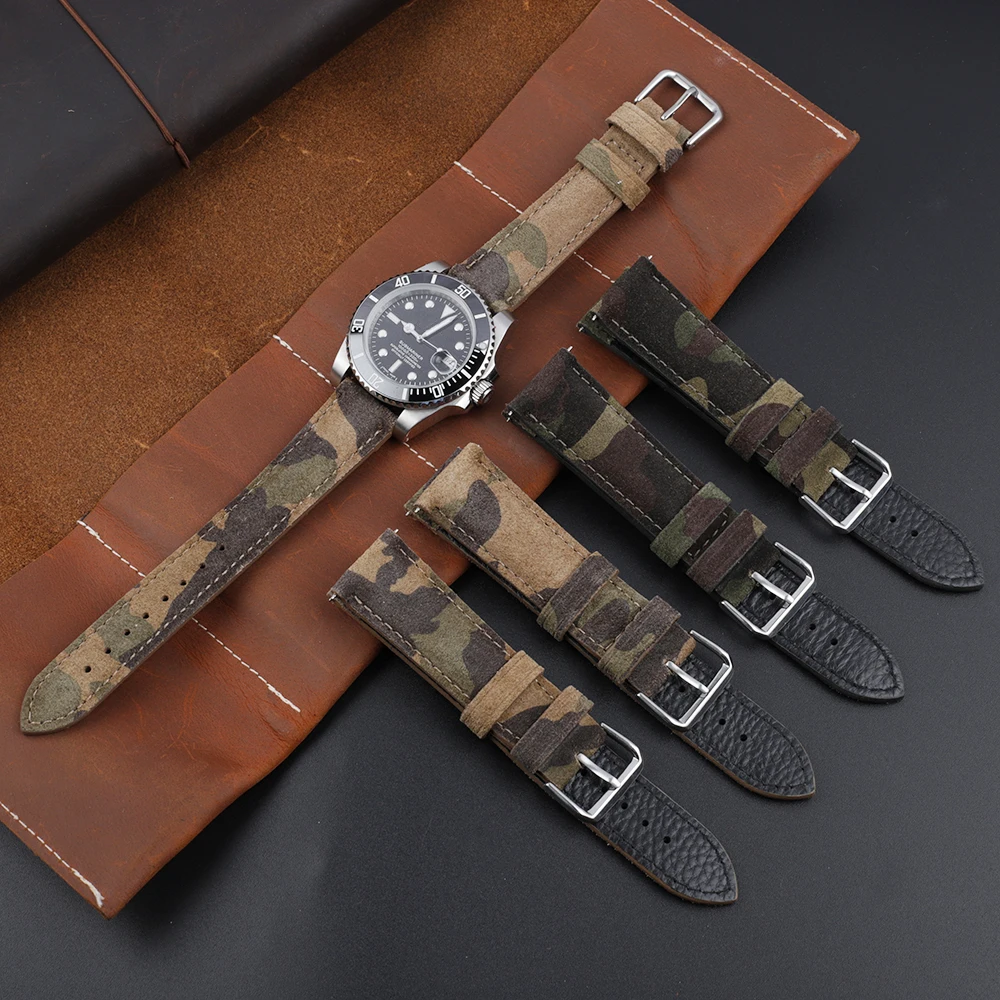 Camouflage Suede Leather Sport Watch Strap 18mm 20mm 22mm 24mm Replacement Bracelet Accessories for Men Women