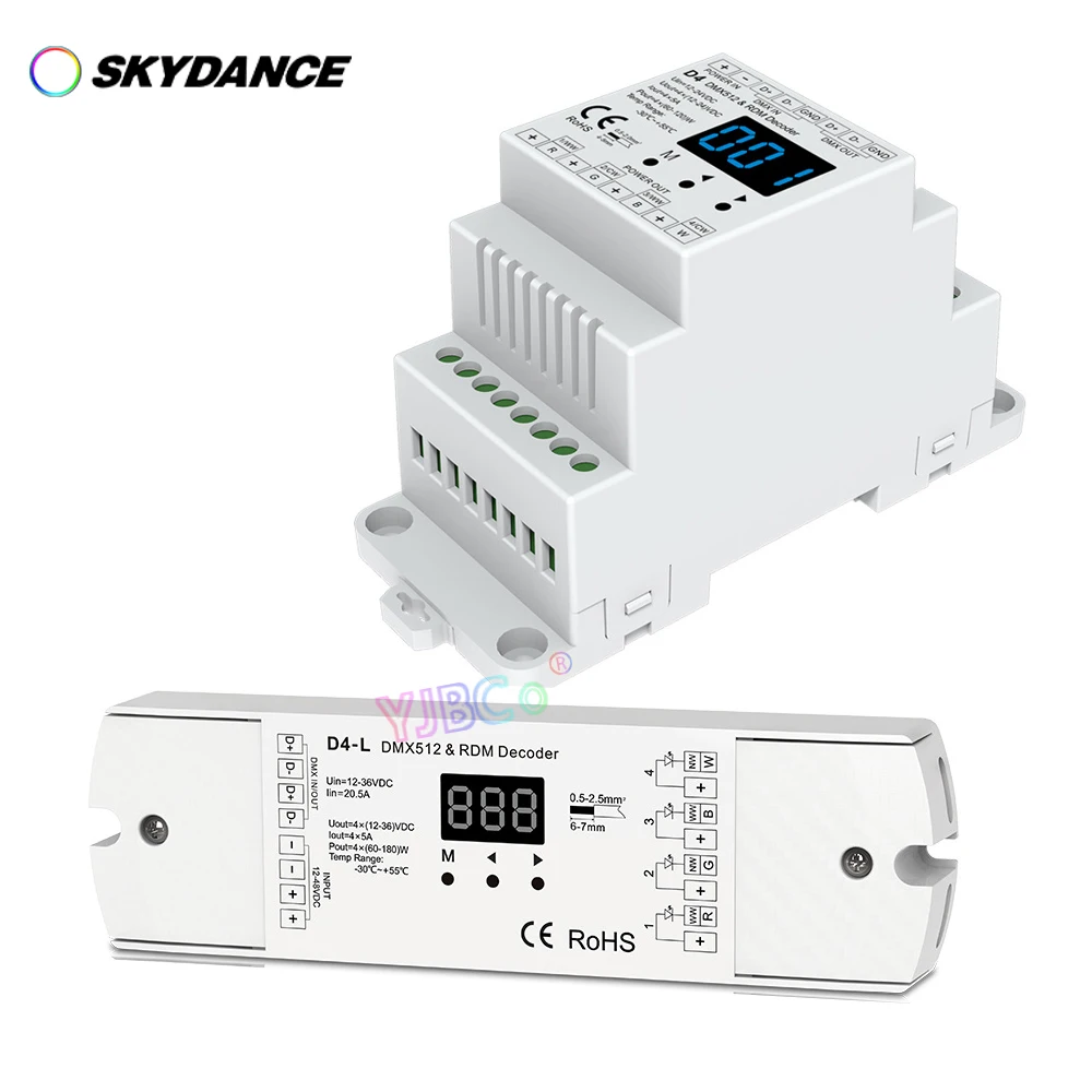 skydance d4 l canal cv dmx512 decodificador d4 din rail 12v24v 205a 4ch dmx controlador de sinal para escurecimento cct rgb rgbw led strip 01