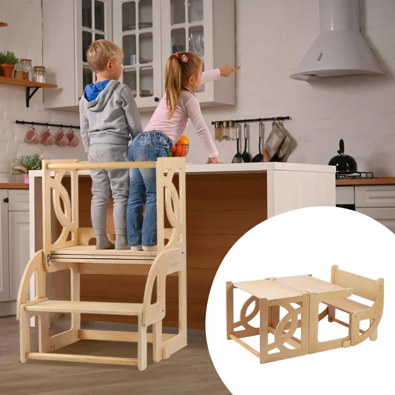 برج تعلم مزدوج طبيعي طاولة ألعاب للأطفال قابلة للتشوه برج تعلم مونتيسوري للمطبخ خطوة غسيل يدوية متعددة الوظائف #4