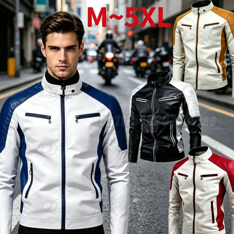 Motorcycle Leather Jacket Men's Four Season Fashion Retro Motorcycle Travel Stand Up Collar Leather Jacket Cool Personality