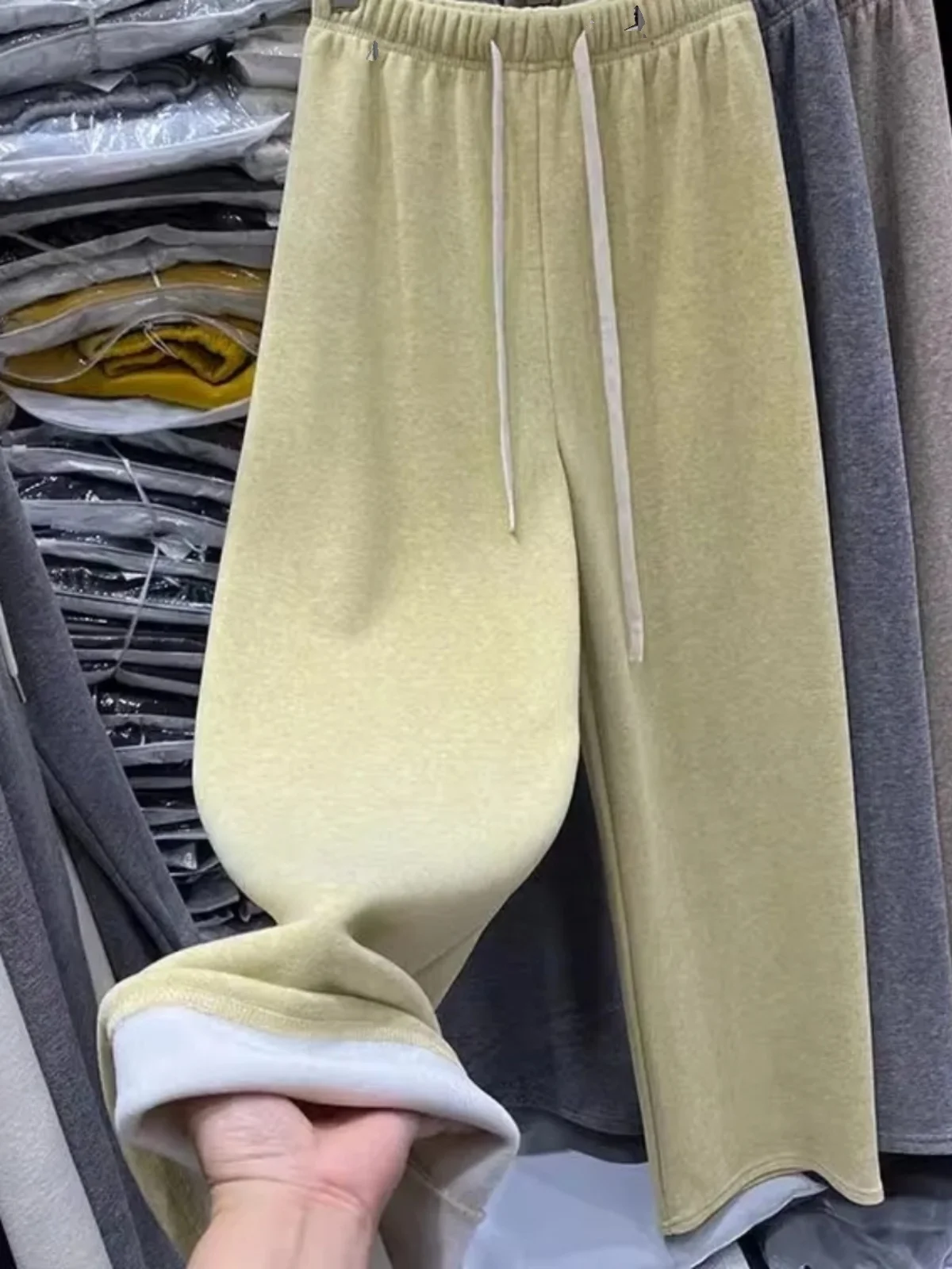 

Women's Fleece Lined Towel Pants High Waist Drawstring Loose Fit Korean Style Autumn Winter Wide Leg Slimming Long Trousers