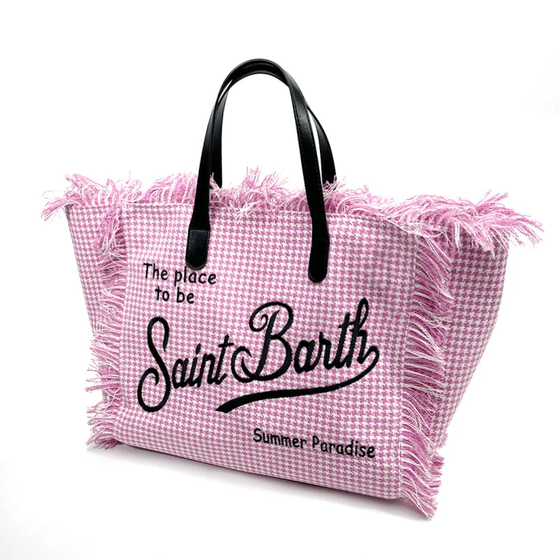 SAINT BARTH2024 New Commuter PracNew Women's Large Capacity Leisure Tourism Pink Thousand Bird Checkered Handmade Tassel Handbag