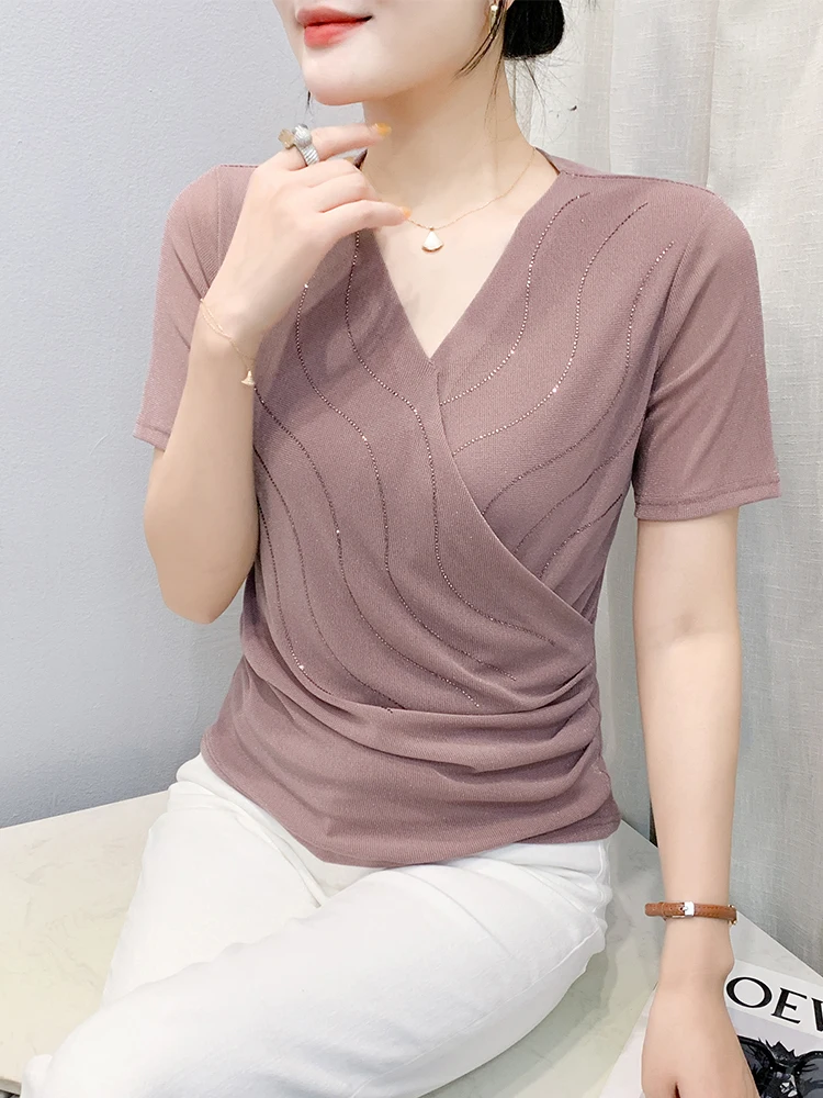 セクシーなVネックTシャツ レディース オルトスベ 夏ファッション 重装飾トップス スリムフィット 韓国風通勤服