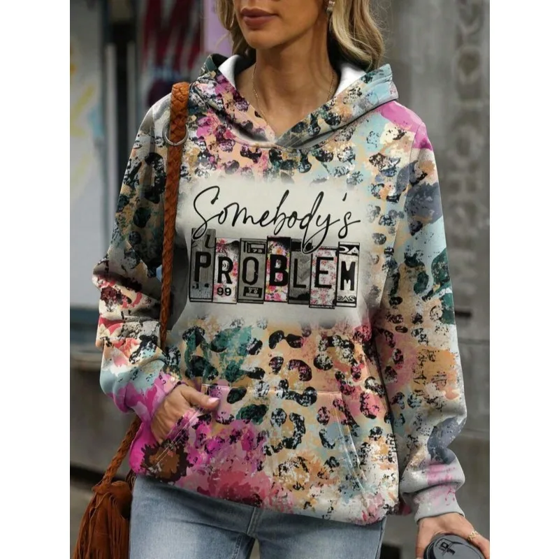 Sudadera con capucha informal con bolsillo y estampado de leopardo para mujer, Tops de talla grande 1XL-5XL, otoño