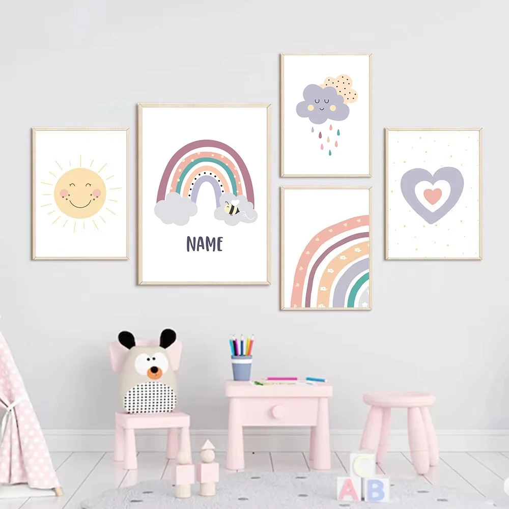 

Cartoon Heart Sun Cloud Rainbow Poster Art Canvas Painting Custom Name Print Posters Nursery Wall Pictures Baby Girl Room Decor
