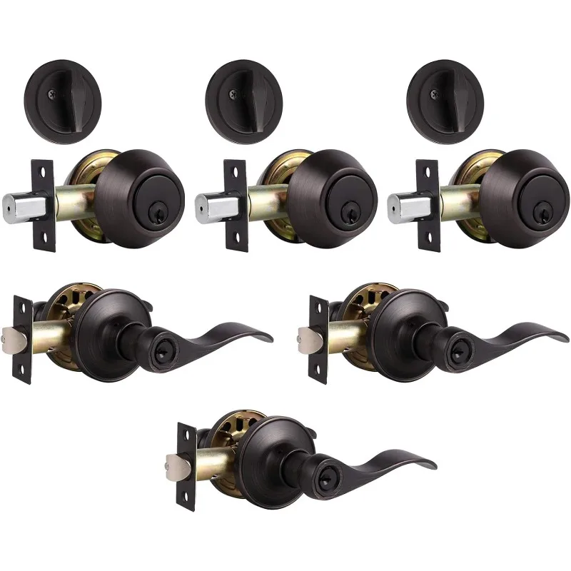 3 Pack Front Door Lockset with Single Cylinder Deadbolt, Keyed Alike Exterior Door Lock Set, Oil Rubbed